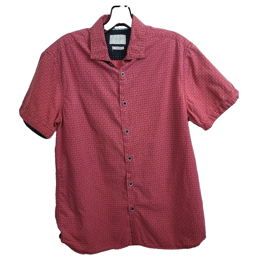 Cactus Mens Slim Fit Shirt Medium‎ Red Printed Short Sleeve Button Down Collared